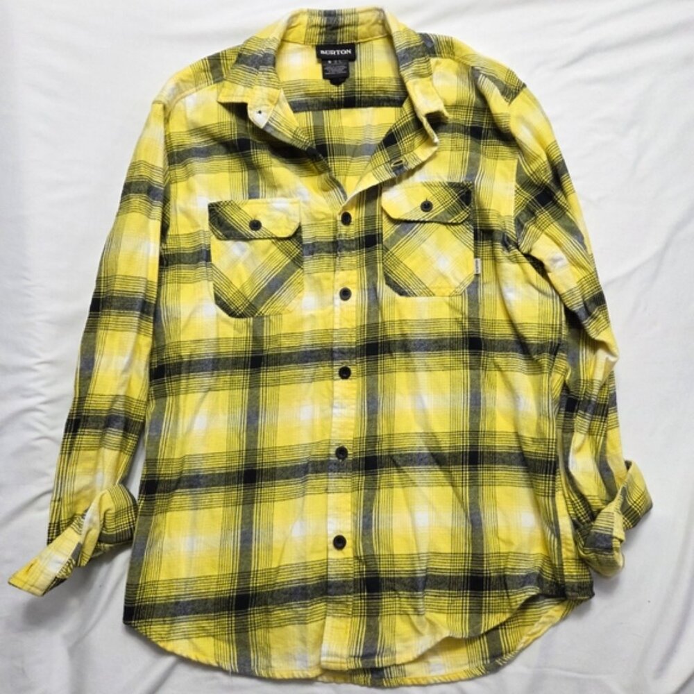 Burton Brighton Flannel Shirt Yellow Black Plaid Organic Cotton Small S